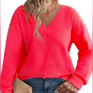 Zitlo Women's V-Neck Neon Color Long Sleeve Plus Size Top Waffle Knit
